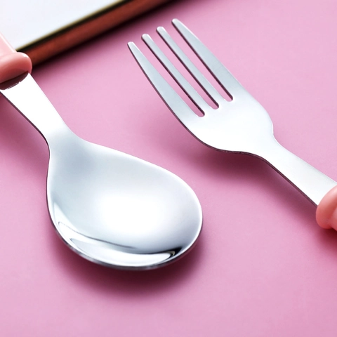 Portable 304 Stainless Steel Fork And Spoon For Kids Cartoon Pattern PP Handle Children Training Tableware Travel Feeding Utensils