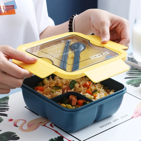 Japanese Style Portable Bento Box Microwave Safe Compartmentalized Lunch Box With Cutlery For Office Student PP Material