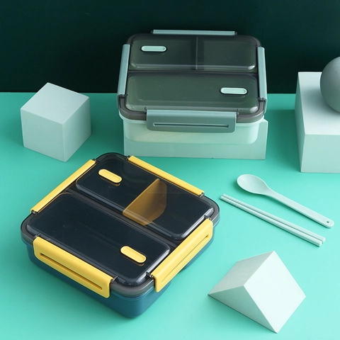 Draagbare Lunchbox Plastic Meerdere Compartimenten Magnetronbestendig Lekvrij Bento Met Lepel Eetstokjes Voor Student Kantoor