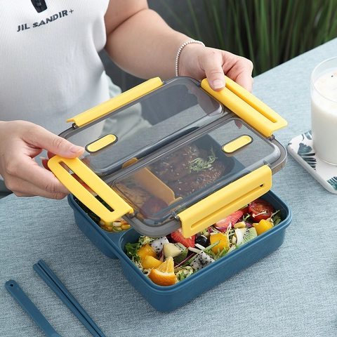 Draagbare Lunchbox Plastic Meerdere Compartimenten Magnetronbestendig Lekvrij Bento Met Lepel Eetstokjes Voor Student Kantoor