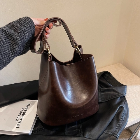 Grote Capaciteit PU Leer Emmertas Voor Dames Retro Minimalistische Schoudertas Vintage Herfst Winter Mode Handtas
