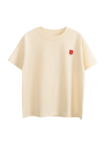 Kids T-Shirt 100% Combed Cotton Short Sleeve Crew Neck Red Clover Embroidery Loose Casual For Boys Girls Youth