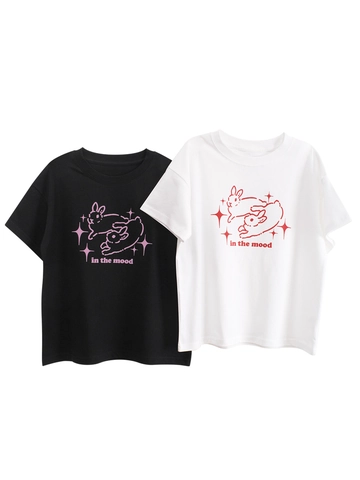 Unisex Kids Combed Cotton Short Sleeve T-Shirt Loose Fit Cartoon Rabbit Print Round Neck Summer Casual Tee Top