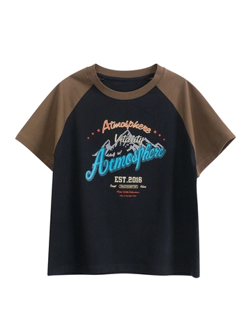 Maglietta In Cotone A Maniche Corte Raglan Per Ragazzi Stampa Montagna Retro Top Casual Estivo A Girocollo