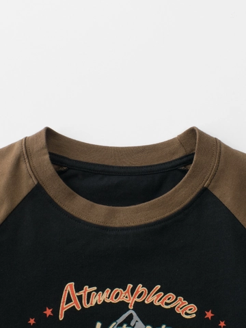 Maglietta In Cotone A Maniche Corte Raglan Per Ragazzi Stampa Montagna Retro Top Casual Estivo A Girocollo
