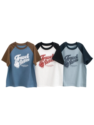 Camiseta De Manga Corta Para Niños Algodón Peinado Raglán Cuello Redondo Estampado Letras Travel Relax Retro Casual Verano