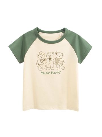 Kids Cotton Raglan Short Sleeve T-Shirt Cartoon Animal Music Party Printed Contrast Color Casual Summer Boys Girls Top