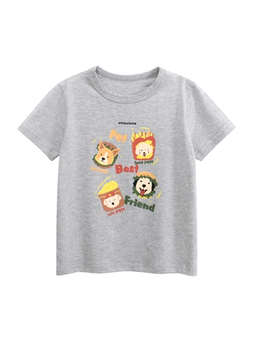 Girls Cotton T-Shirt Short Sleeve Cartoon Dog Fast Food Print Crew Neck Casual Summer Top Marl Grey Soft Breathable