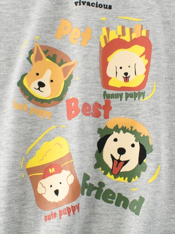 Girls Cotton T-Shirt Short Sleeve Cartoon Dog Fast Food Print Crew Neck Casual Summer Top Marl Grey Soft Breathable