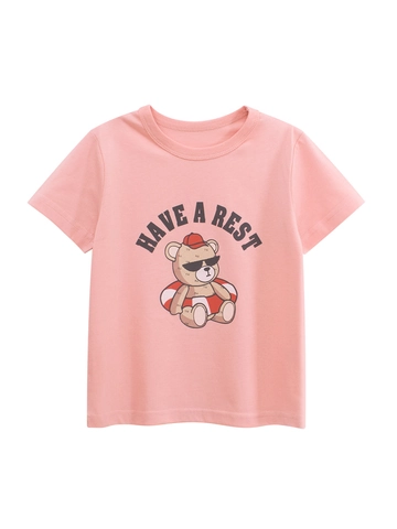 Mädchen Casual Kurzarm 100% Baumwolle T-Shirt Koreanischer Stil Cartoon Bär Have A Rest Druck Rosa Sommer Top Für Kinder