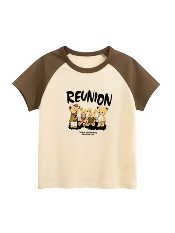 Maglietta a Maniche Corte Raglan per Bambini Cotone Blocchi di Colore Orso Cartone Animato Girocollo Tops Estivi