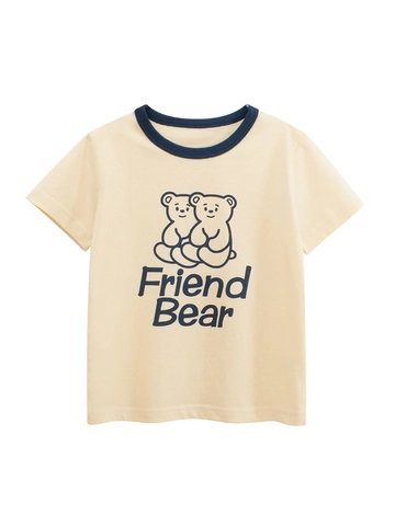 T-Shirt A Maniche Corte Per Bambine Puro Cotone Girocollo A Contrasto Stampa Orso Cartone Animato Top Estivo Casual