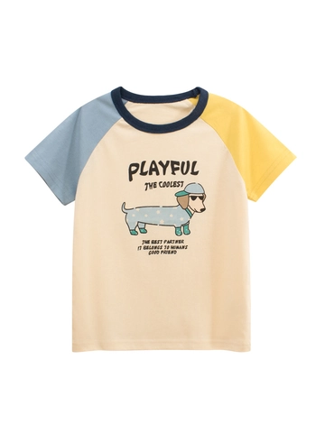 Kids Cotton Raglan Sleeve T-Shirt Cartoon Dog Graphic Color Block Short Sleeve Summer Casual Top For Girls Boys Breathable Soft