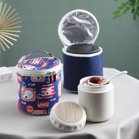 Portable Lunch Insulation Bag Oxford Cloth Aluminum Foil Thermal Handbag For Soup Cup Food Storage Cartoon Whale Pattern