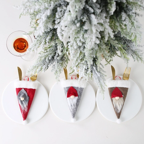 Porta Cubiertos de Gnomo de Navidad Nórdico de Tela No Tejida Decoración de Mesa Bolsa de Cubiertos para Ornamento de Fiesta
