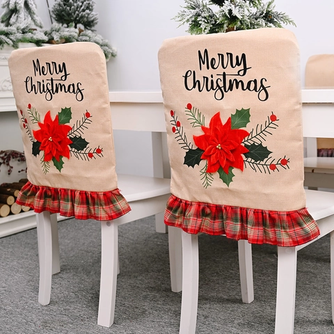 Christmas Chair Back Cover Linen Burlap Merry Christmas 3D Poinsettia Flower Plaid Ruffle Dining Room Home Decor
