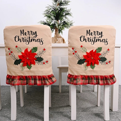 Christmas Chair Back Cover Linen Burlap Merry Christmas 3D Poinsettia Flower Plaid Ruffle Dining Room Home Decor