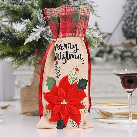 Housse De Bouteille De Vin De Noël Sac Cadeau En Toile Avec Fleur De Poinsettia 3D Cordon Écossais Décor De Table