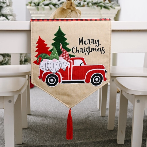 Weihnachts Tischläufer Sackleinen Roter LKW Wichtel Druck Dekoration Mit Quaste Karo Bordüre Für Esstisch Zuhause Deko