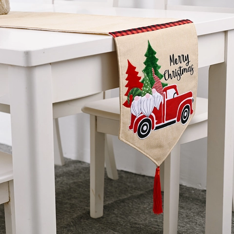 Weihnachts Tischläufer Sackleinen Roter LKW Wichtel Druck Dekoration Mit Quaste Karo Bordüre Für Esstisch Zuhause Deko