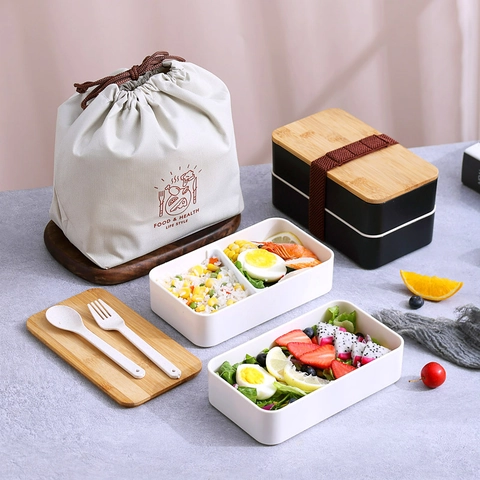 Japanese Style Double Layer Bento Box With Bamboo Lid Microwave Safe Portable Lunch Box Set With Cutlery And Canvas Bag