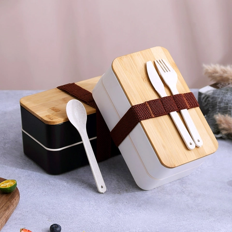 Japanese Style Double Layer Bento Box With Bamboo Lid Microwave Safe Portable Lunch Box Set With Cutlery And Canvas Bag