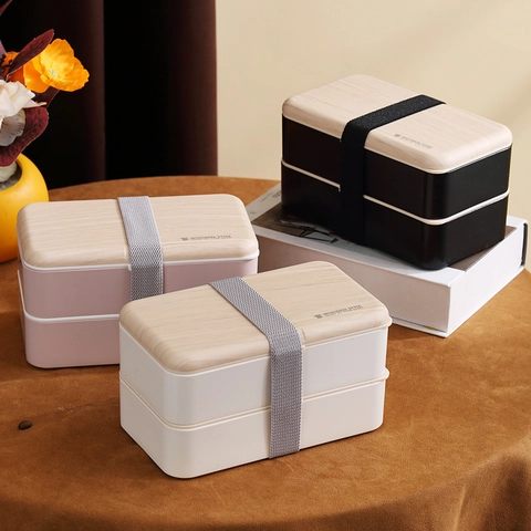 Fiambrera Minimalista Japonesa de Doble Capa Con Tapa Estilo Madera Caja Bento Portátil Apta para Microondas Contenedor de Comida para Estudiantes Oficina Adultos