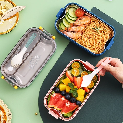 Boîte à Lunch en Acier Inoxydable 304 Boîte à Bento Portable Anti-fuite Avec Couverts Pour École Bureau Étudiants Adultes Chauffage par Injection d'Eau