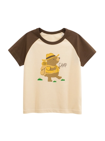 Kids Summer 100% Cotton Short Sleeve T-Shirt Cartoon Bear Camping Print Raglan Sleeve Contrast Color Casual Girls Top
