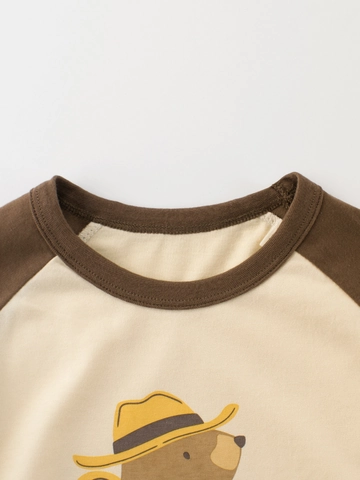 Kids Summer 100% Cotton Short Sleeve T-Shirt Cartoon Bear Camping Print Raglan Sleeve Contrast Color Casual Girls Top