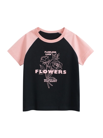 Girl's Summer Cotton Short Sleeve T-Shirt Casual Raglan Pink Black Contrast Color Rose Letter Print Round Neck Top