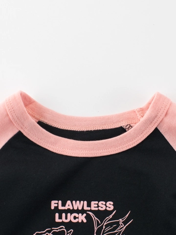Girl's Summer Cotton Short Sleeve T-Shirt Casual Raglan Pink Black Contrast Color Rose Letter Print Round Neck Top