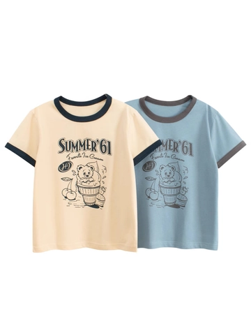 Girls American Vintage Ringer T-Shirt Cotton Short Sleeve Contrast Trim Bear Ice Cream Graphic Tee Summer Casual Top