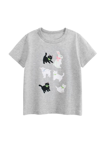 Kinder Mädchen Lässiges Baumwoll T-Shirt Mit Kurzarm Cartoon Tierdruck Meliertes Grau Sommer Rundhals Oberteil