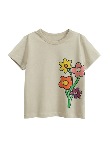 T-Shirt en Coton à Manches Courtes pour Filles Été Imprimé Fleur de Dessin Animé Haut Décontracté à Col Rond Enfant Kaki Clair