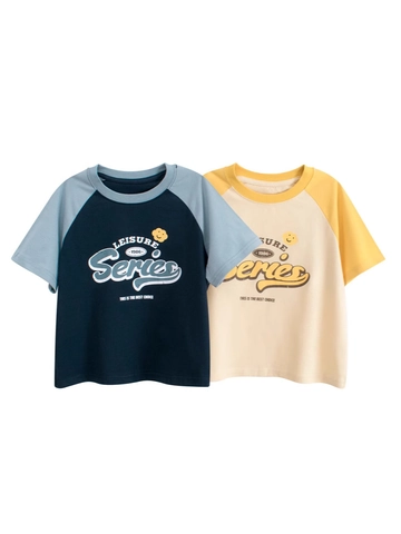 Kids Cotton Raglan Short Sleeve T-Shirt Vintage Print Contrast Color Summer Tops For Boys Girls