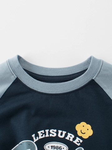 Kids Cotton Raglan Short Sleeve T-Shirt Vintage Print Contrast Color Summer Tops For Boys Girls