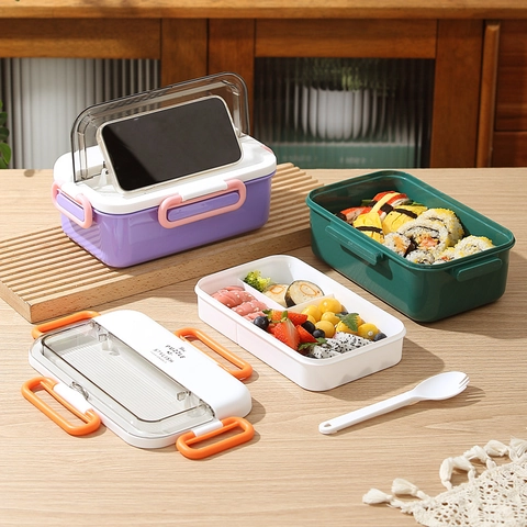 Portable Bento Lunchbox PP Kunststoff Unterteilt Mikrowellengeeignet Auslaufsicher Mit Utensilien Und Handyhalter Deckel