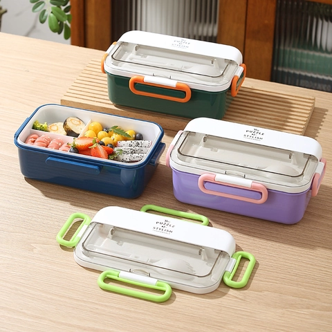 Portable Bento Lunchbox PP Kunststoff Unterteilt Mikrowellengeeignet Auslaufsicher Mit Utensilien Und Handyhalter Deckel