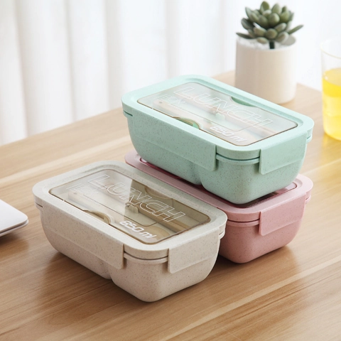 Fiambrera de Plástico de Paja de Trigo Con Cuchara Y Palillos Apto para Microondas Cuadrada Rectangular Bento Box Escuela Oficina