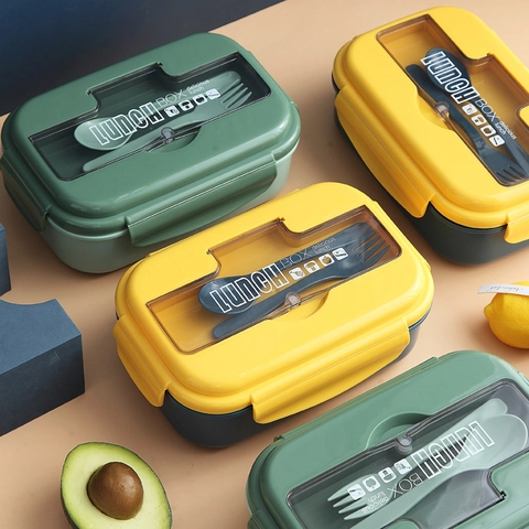 Boîte À Déjeuner Portable Compartimentée Avec Couverts Compatible Micro-Ondes Bento En Plastique Pour Étudiants Bureau Conteneur Alimentaire Étanche