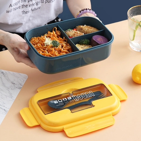 Boîte À Déjeuner Portable Compartimentée Avec Couverts Compatible Micro-Ondes Bento En Plastique Pour Étudiants Bureau Conteneur Alimentaire Étanche