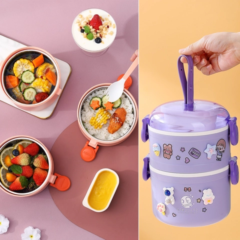 Lunch Box Bento Portatile A Strati Adatto Al Microonde Contenitore Rotondo Con Maniglia Per Scuola Ufficio Picnic