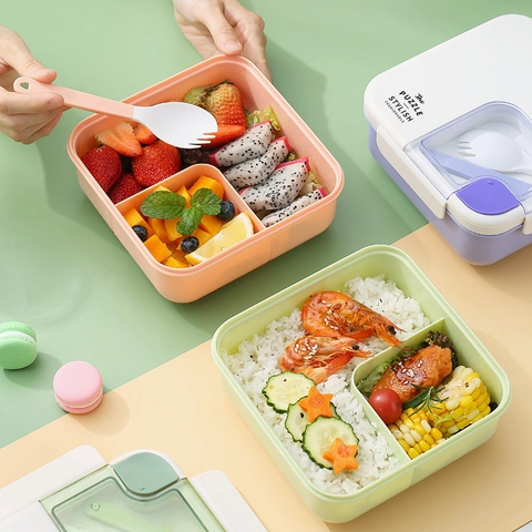 Fiambrera Cuadrada Dividida Portátil de 1,1 L Con Cubiertos Apta para Microondas A prueba de fugas PP Grado Alimenticio para Escuela Oficina