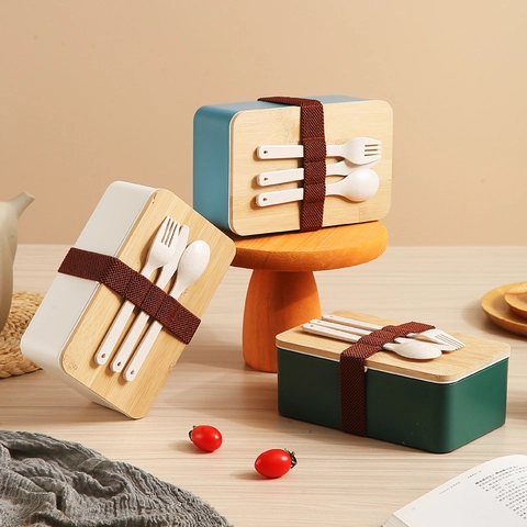 Boîte à Bento Minimaliste de Style Japonais Avec Couvercle en Bois de Bambou Passe au Micro-ondes Lunch Box Portable Couverts pour Étudiants Bureau