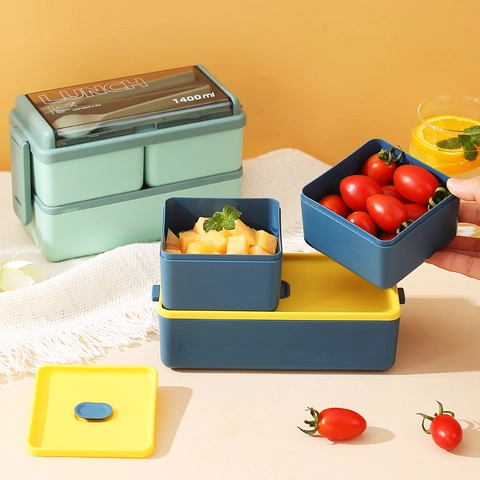 Tragbare Doppelstöckige Bento Lunchbox Lebensmittelechter Kunststoff Mikrowellengeeignet Mit Besteck Fach Handyhalterung
