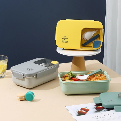 Boîte à Déjeuner Bento en Plastique Divisée Style Japonais Avec Ustensiles Compatible Micro-ondes Récipient Alimentaire pour École Bureau