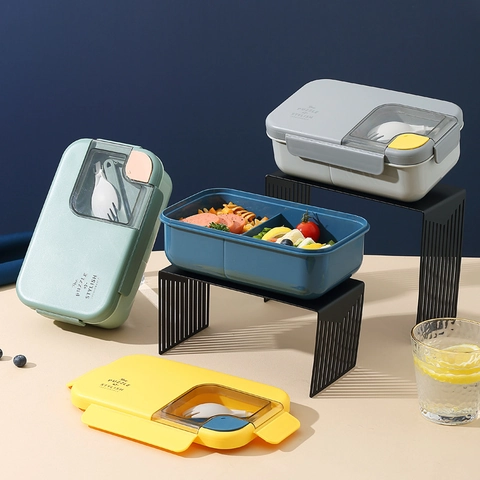 Boîte à Déjeuner Bento en Plastique Divisée Style Japonais Avec Ustensiles Compatible Micro-ondes Récipient Alimentaire pour École Bureau