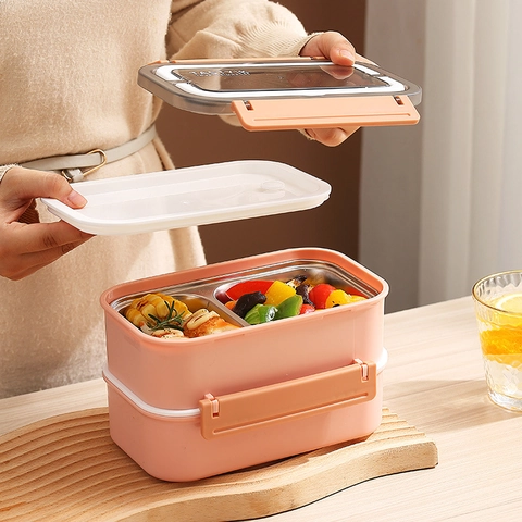 Boîte à Déjeuner Portable Double Couche en Acier Inoxydable 304 pour Adultes Étudiants Bureau École Voyage Bento Isolé Avec Poignée