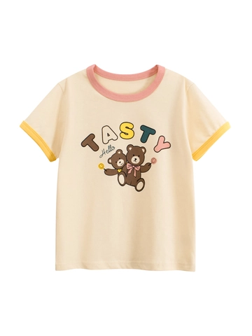 Girls Cute Cartoon Bear Cotton T-Shirt Pink Crew Neck Yellow Cuffs Short Sleeve Printed Casual Summer Top Kids Clothes